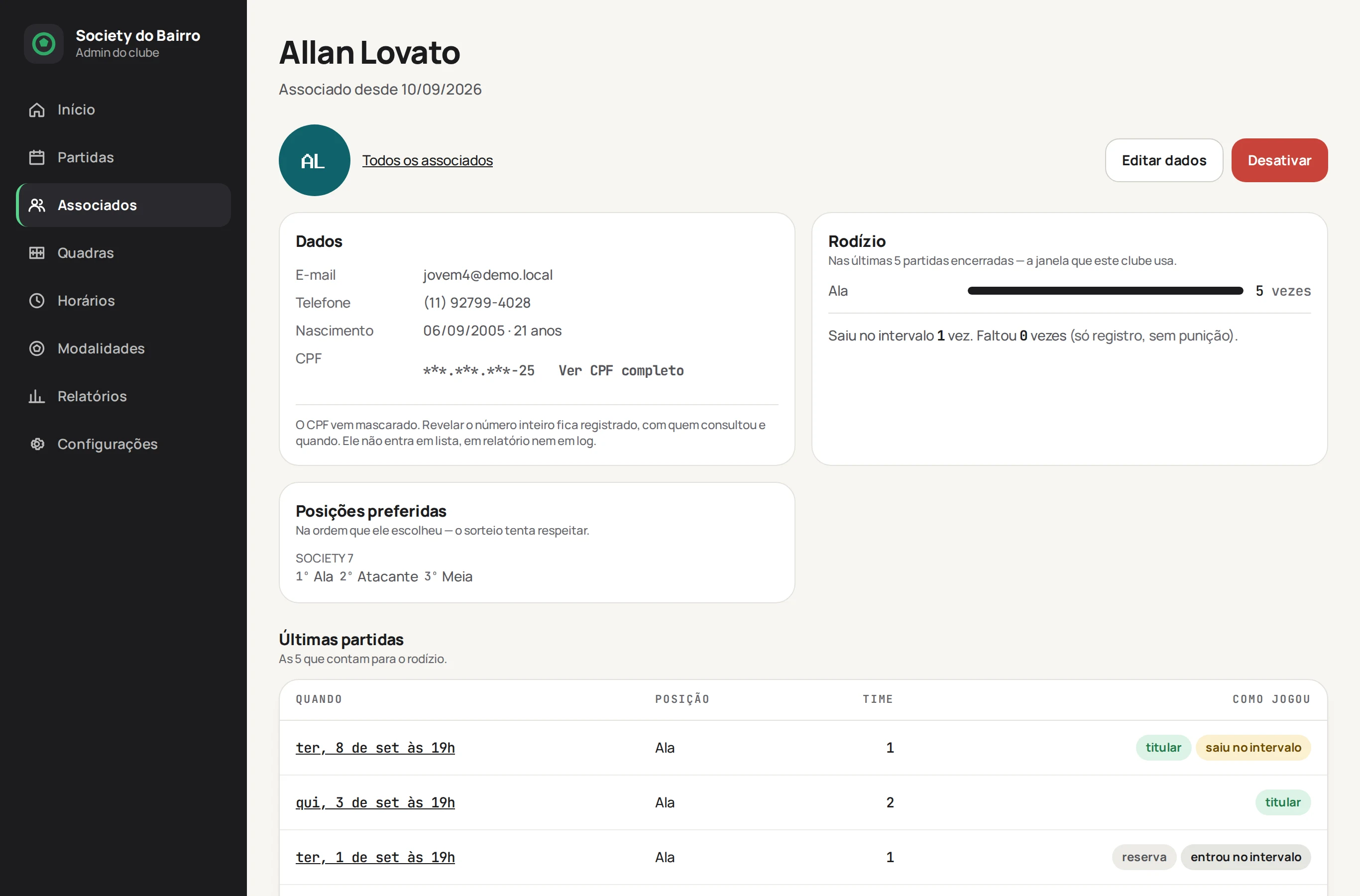 Ficha de um associado com contato, preferências de posição e números do rodízio.