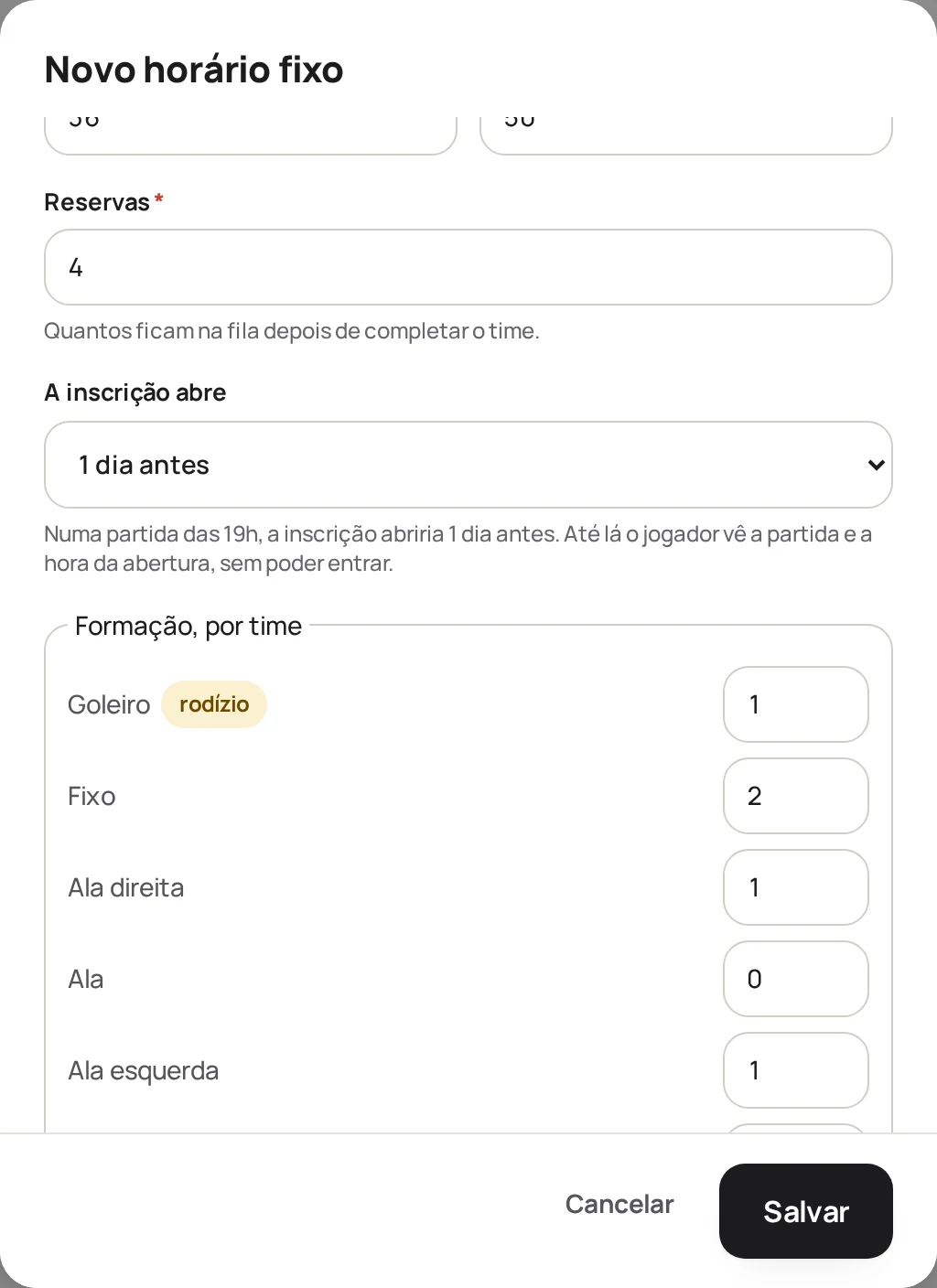 Bloco de formação do horário: goleiro 1, fixo 2, ala direita 1, ala 0, ala esquerda 1.
