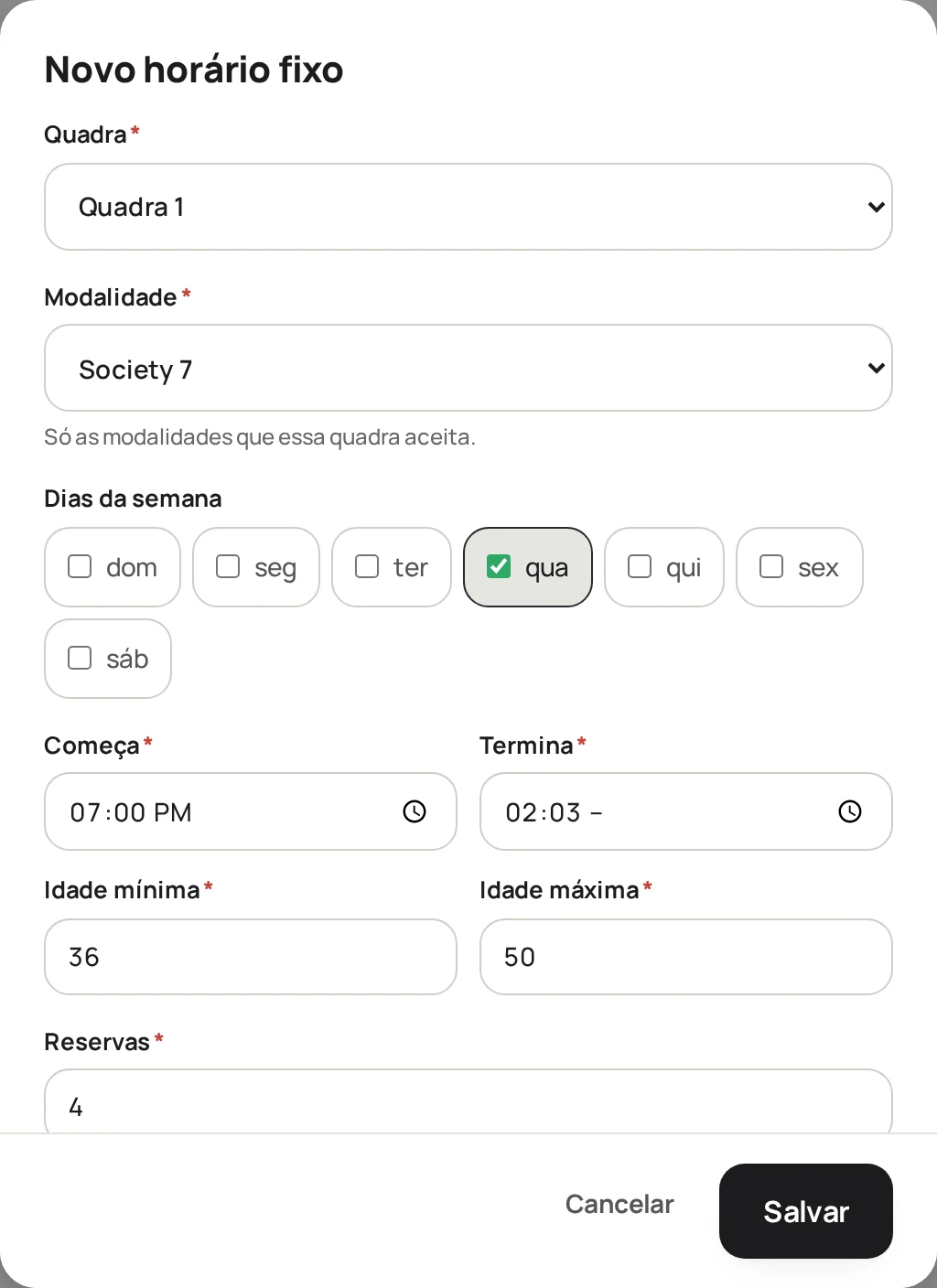 Formulário de novo horário fixo preenchido: quadra, modalidade, quarta-feira, 19h às 20h30, de 36 a 50 anos.