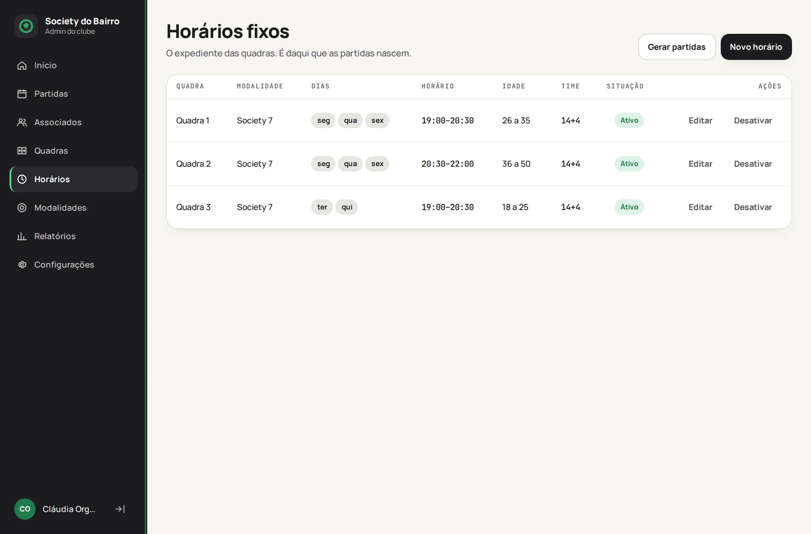 Lista de horários fixos do clube, com dias da semana, hora, quadra, modalidade e faixa de idade.