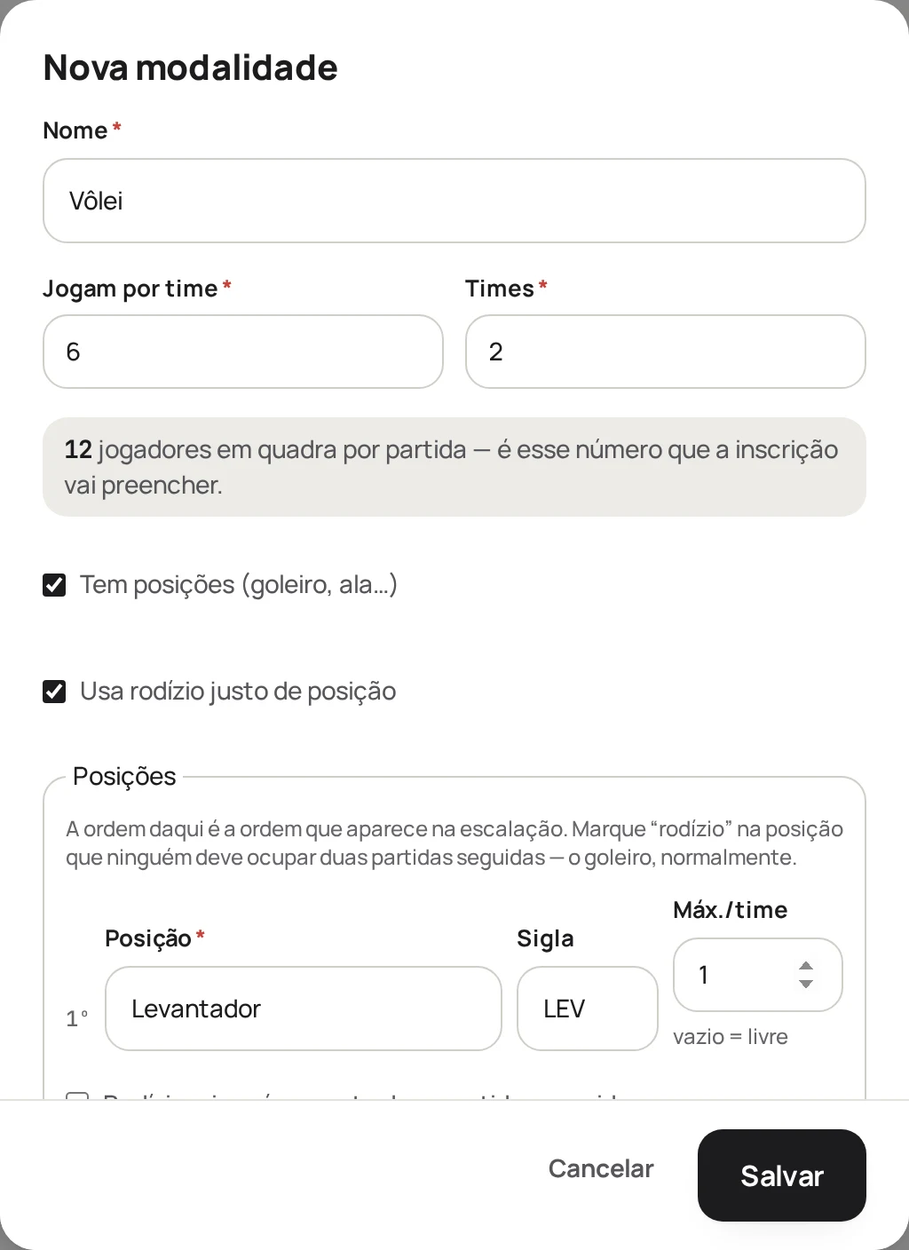 Bloco de posições da modalidade, com levantador, oposto, ponteiro e central.