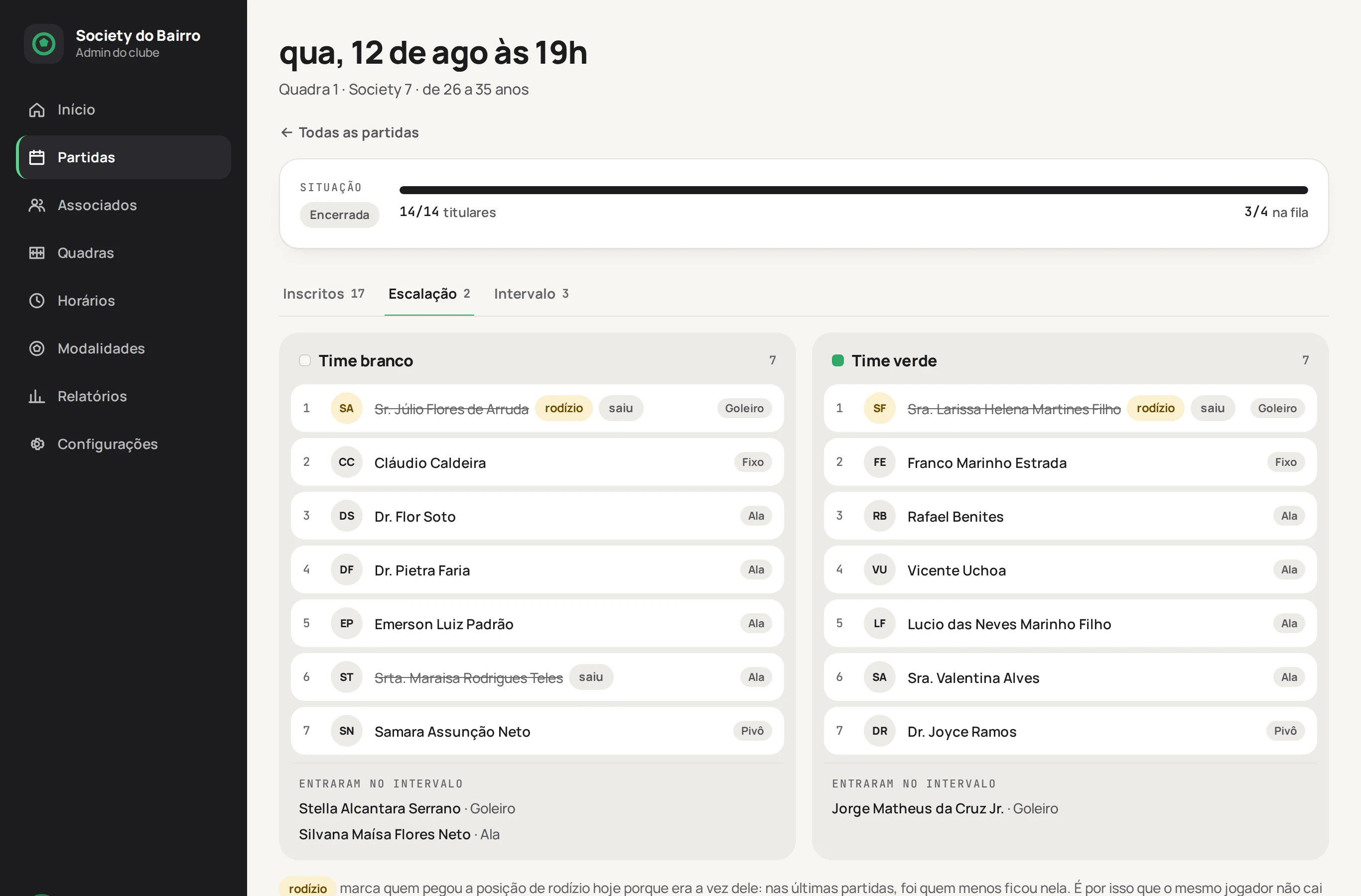 Aba Escalação da partida, com os dois times, as posições de cada jogador e quem entrou no intervalo.