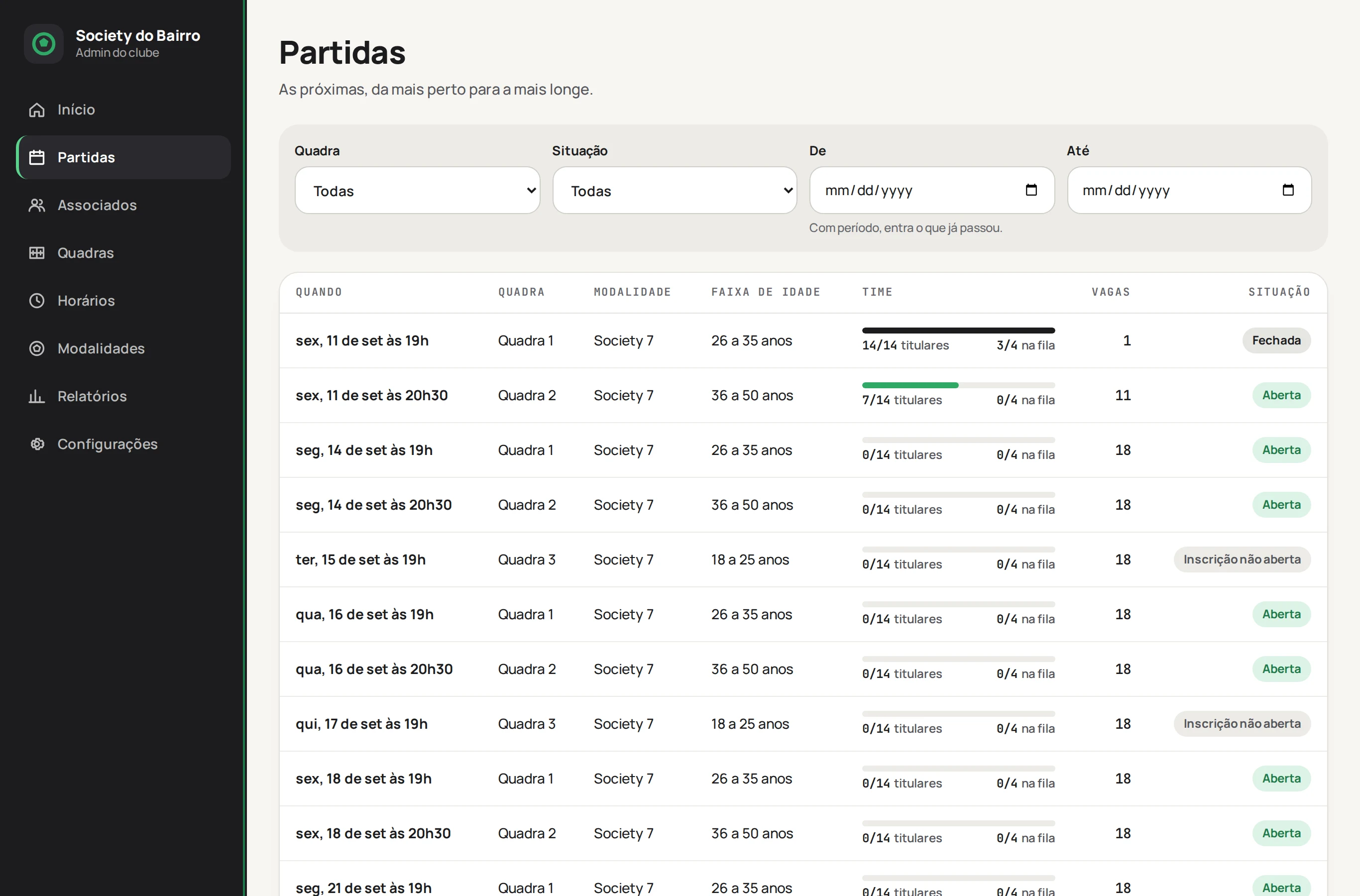 Lista de partidas do clube com filtros de quadra, situação e período.